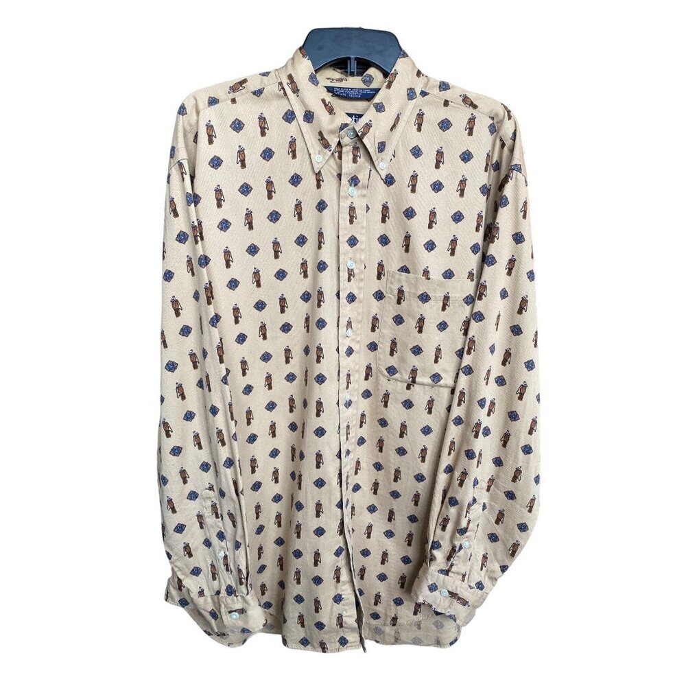 VINTAGE 90'S NAUTICA MEN'S LONG SLEEVE COTTON GOLF MOTIF BUTTON DOWN SHIRT SZ L